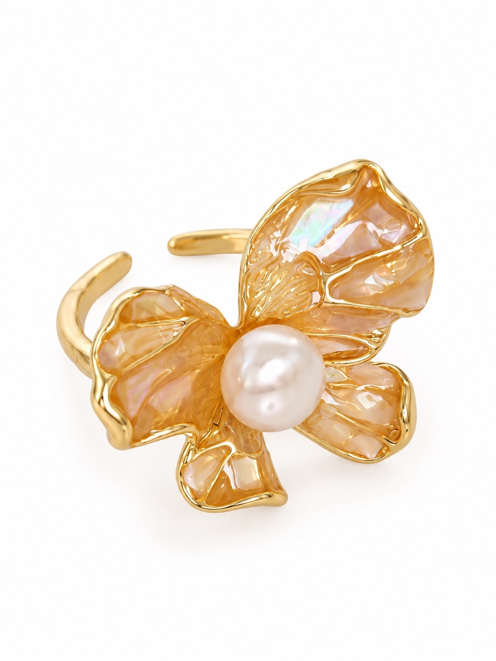 Handmade Pearl Flower Gold-Tone Adjustable Ring